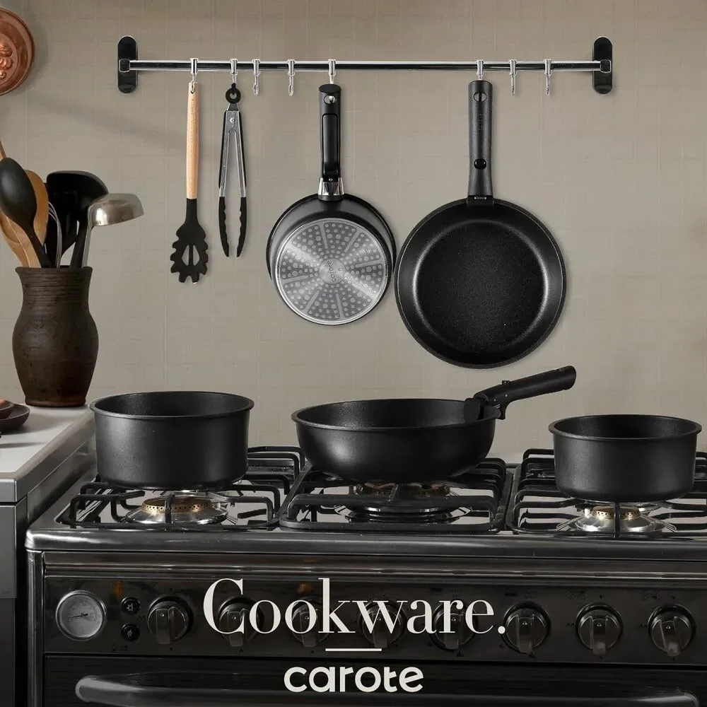 CAROTE 11pcs Nonstick Cookware Set With Detachable Handle, Oven Safe Black
